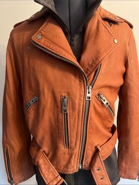 All Saints Rust Orange Leather Biker Jacket